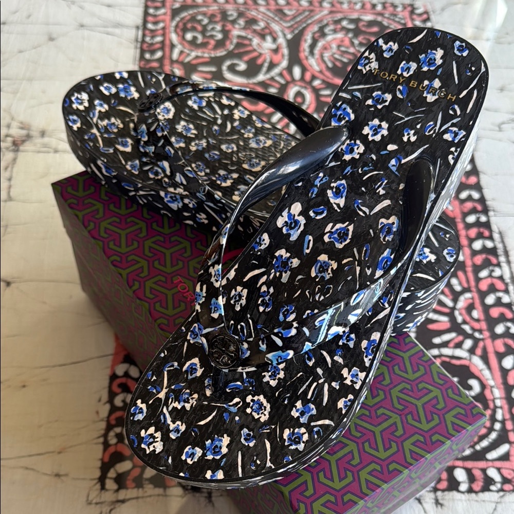 Tory Burch Black Floral Women's Flip Flops